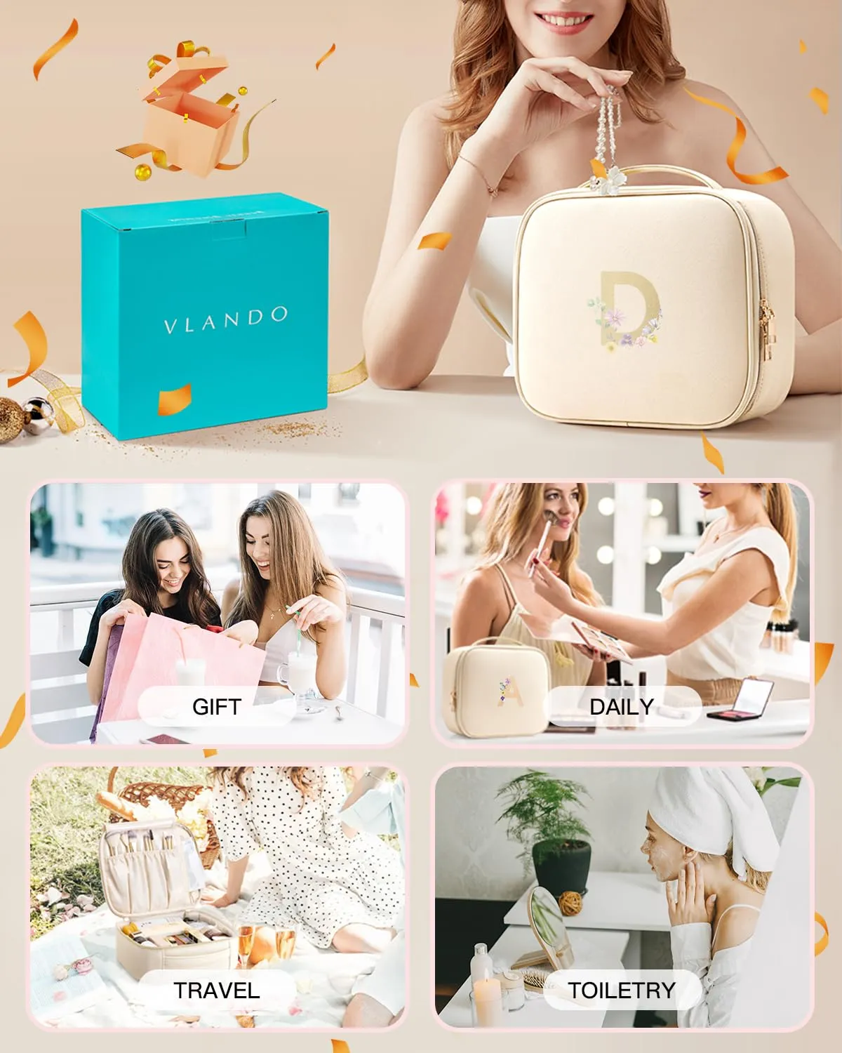 Vlando Travel Gifts for Traveler Women, Portable Make up Storage Bag,Waterproof Travel Toiletry Bag for Women,Preppy Travel Stuff for Teen Girls Birthday Gift for Daughter Friends(Letter D)