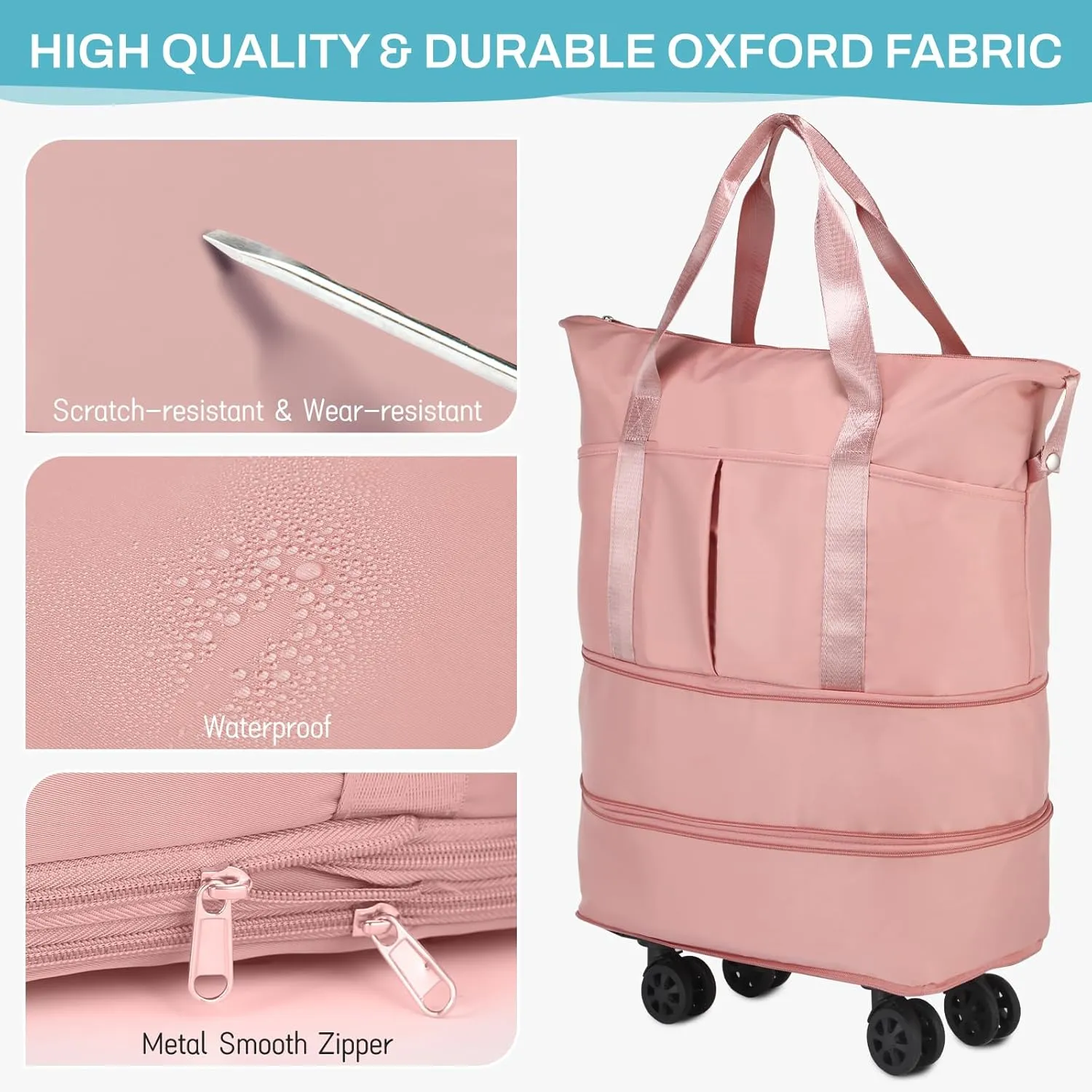 VOOWO Rolling Duffle Bag with Wheels, Expandable Foldable Duffel Bag with Wheels for Travel, Rolling Luggage Carry on Duffel Bag, Wheeled Travel Duffle Bag, Large Weekend Bag for Women & Men