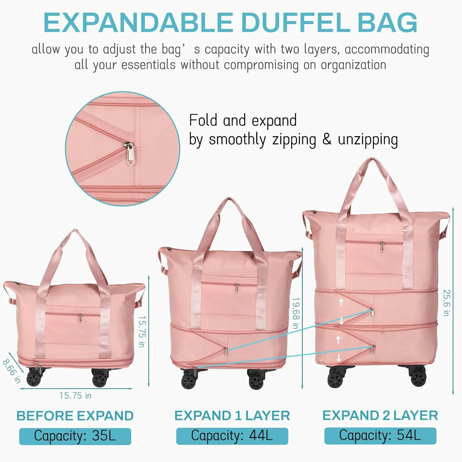 VOOWO Rolling Duffle Bag with Wheels, Expandable Foldable Duffel Bag with Wheels for Travel, Rolling Luggage Carry on Duffel Bag, Wheeled Travel Duffle Bag, Large Weekend Bag for Women & Men