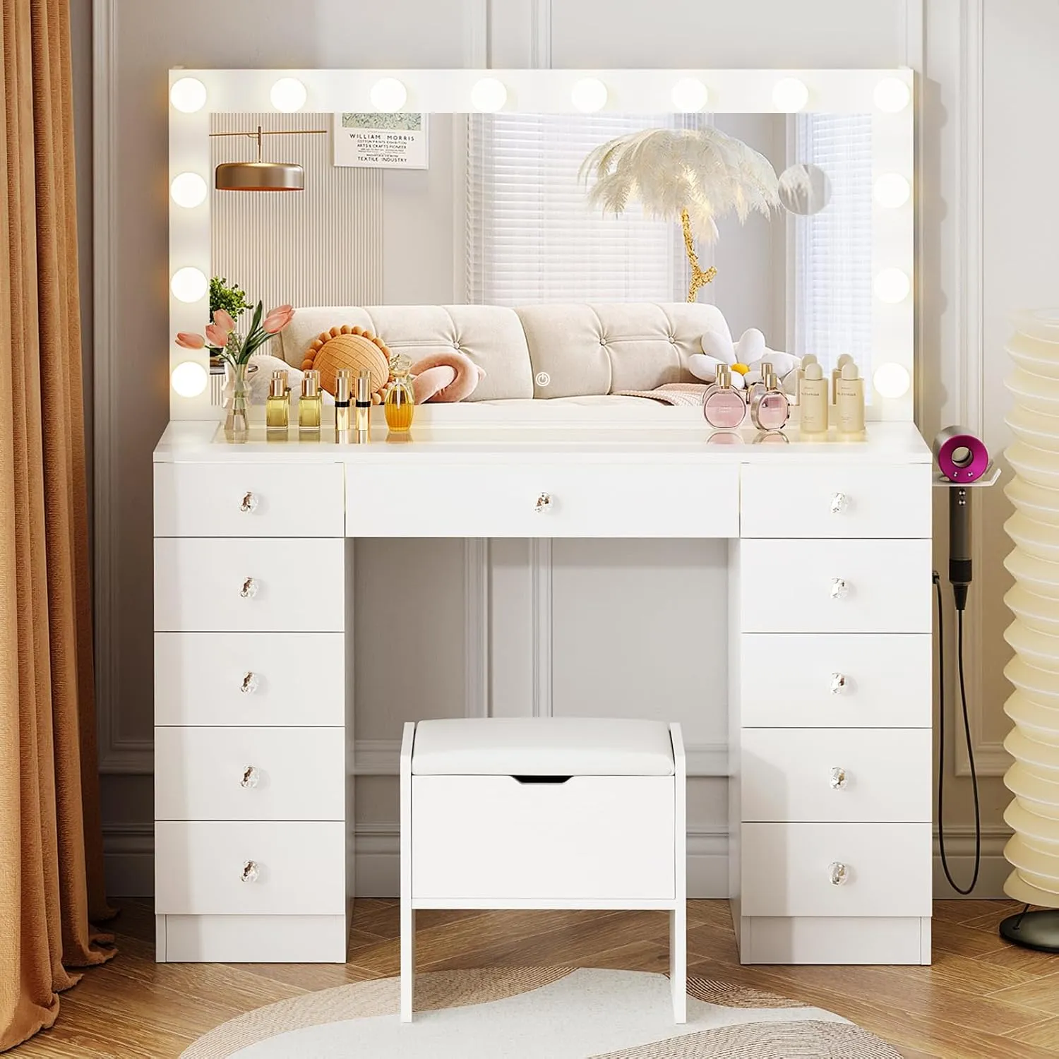 VOWNER Vanity with Lighted Mirror - Makeup Vanity Desk with Glass Top and 11 Drawers, 3 Color Lighting Modes Adjustable Brightness, 46" Vanity Table with Soft Cushioned Stool for Bedroom, White