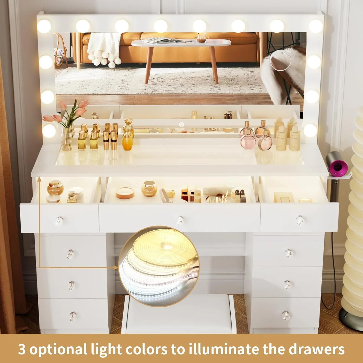 VOWNER Vanity with Lighted Mirror - Makeup Vanity Desk with Glass Top and 11 Drawers, 3 Color Lighting Modes Adjustable Brightness, 46" Vanity Table with Soft Cushioned Stool for Bedroom, White
