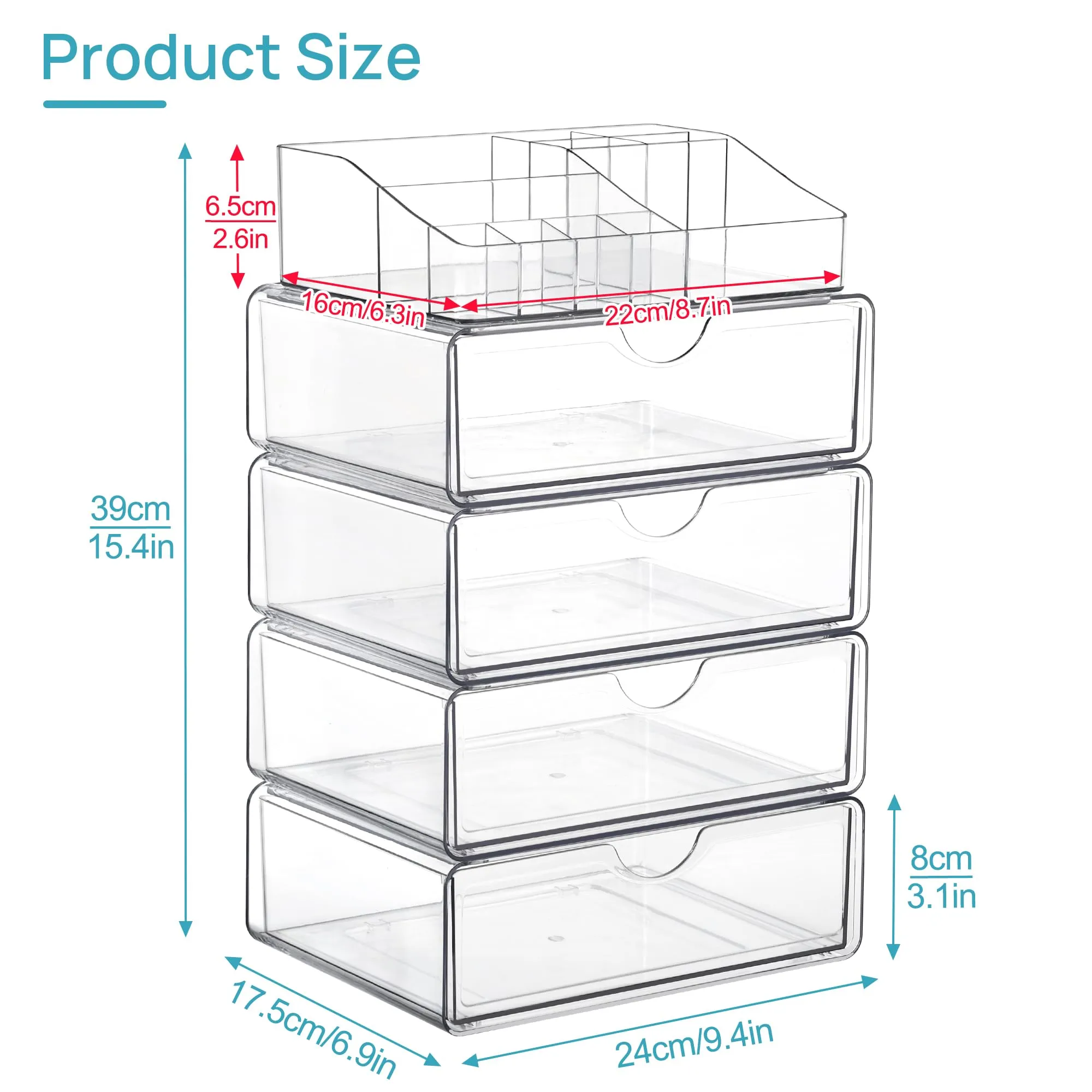 Vtopmart 5 Tier Clear Makeup Organizer with Drawer, Cosmetic Storage for Dresser Countertop and Bathroom Vanity, Beauty Holder for Lipstick Brush Skincare