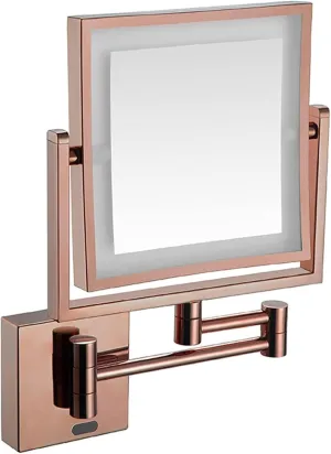 Wall Mounted Lighted Makeup Mirror Square Wall Mounted Double Sided 1X/3X Magnifying Mirror Rotation Extension Bathroom Mirror(Rose Gold,Plug in)