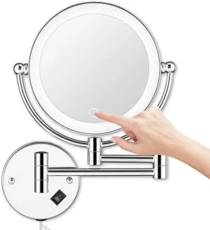 Wall Mounted Makeup Mirror LED Touch Button Stepless Adjustable Light Double Sided 1X/5x Magnifying Vanity Mirror 360° Swivel Extendable for Bathroom Powered by Plug in-8 inches