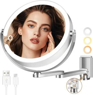 Wall Mounted Makeup Mirror, Magnifying Mirror with Light 20X/1X Double-Sided, Height Adjustable, 3 Lighted Modes, Aluminum Alloy Small Wall Mirror, Moisture & Corrosion Resistant Bathroom Use