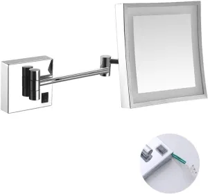 Wall Mounted Mirrors Makeup Shaving Mirror LED Lighted for Hotel Vanity with Adjustable Extendable Square 8 inch 3X Magnification Surface Chrome Finis