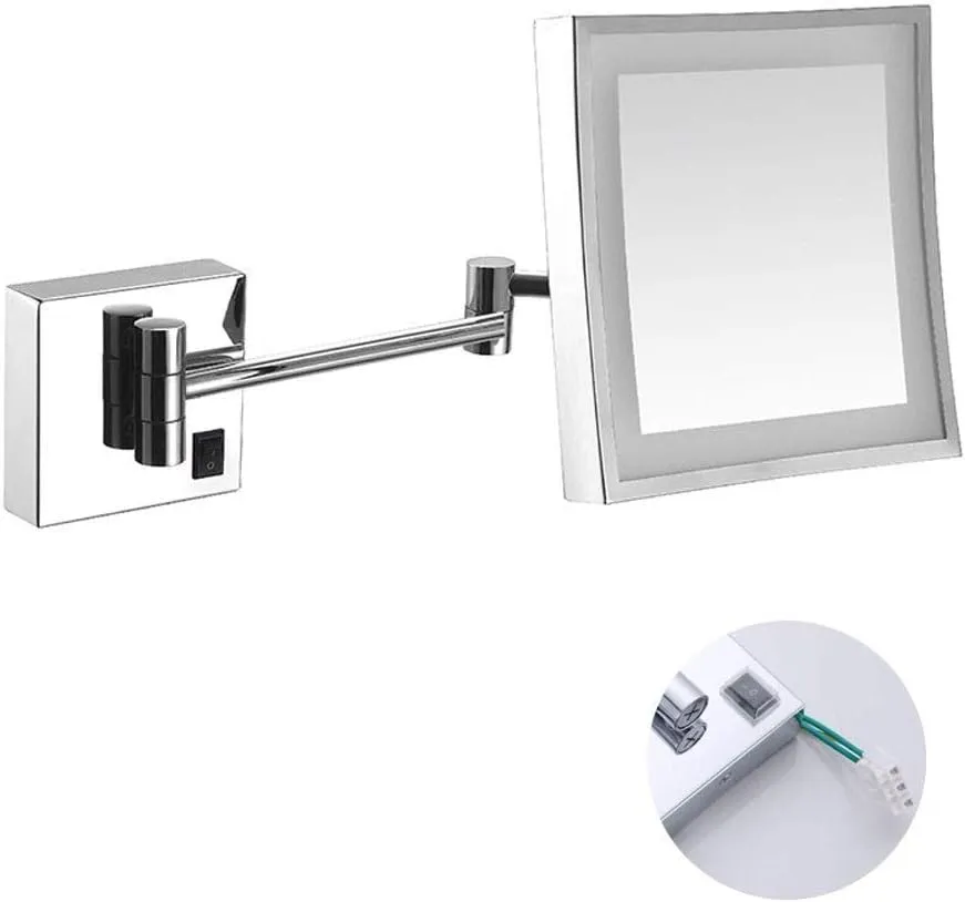 Wall Mounted Mirrors Makeup Shaving Mirror LED Lighted for Hotel Vanity with Adjustable Extendable Square 8 inch 3X Magnification Surface Chrome Finis