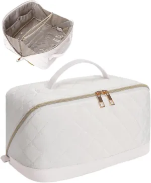 Wandering Nature Travel Makeup Bag,Travel Make up Bag with Large Capacity,Quilted Makeup Organizer Bag, Open Flat Travel Toiletry Bag for Women Cosmetic Bag with Divider and Handle,Patent Pending