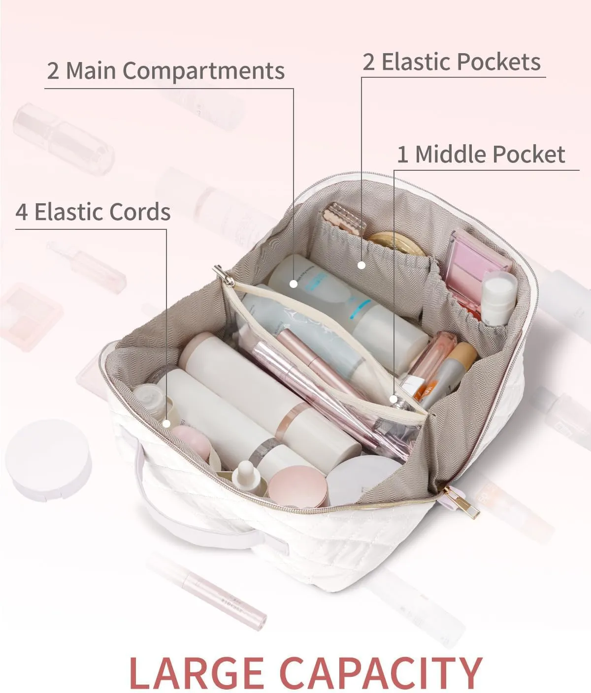 Wandering Nature Travel Makeup Bag,Travel Make up Bag with Large Capacity,Quilted Makeup Organizer Bag, Open Flat Travel Toiletry Bag for Women Cosmetic Bag with Divider and Handle,Patent Pending