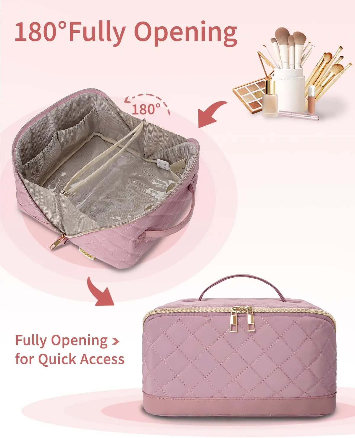 Wandering Nature Travel Makeup Bag,Wide-Open Make up Bag with Large Capacity,Quilted Makeup Organizer Bag, Open Flat Toiletry Bag for Women Cosmetic Pouch with Divider and Handle,Patent Pending