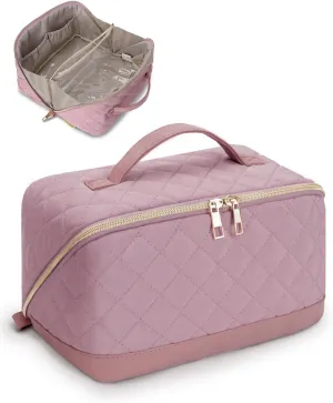 Wandering Nature Travel Makeup Bag,Wide-Open Make up Bag with Large Capacity,Quilted Makeup Organizer Bag, Open Flat Toiletry Bag for Women Cosmetic Pouch with Divider and Handle,Patent Pending