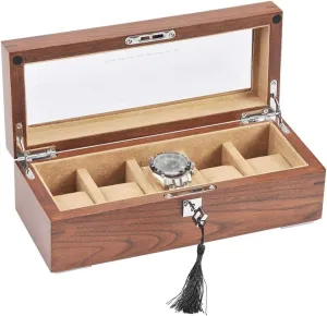 Watch Box 5 Watches Slots Jewelry Organizer Wood Display Case Storage Organizers with Glass Lid and for Men Women