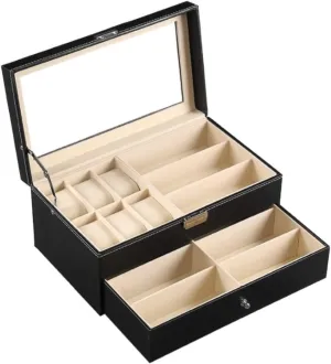 Watch Box Holder PU Leather Eyeglasses Storage Display Lockable Case