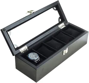 Watch Display Storage Box Jewelry Collection Case Organiser Holder Wooden 5 Grid Watch Bracelet Organizers Display Boxes with Pillows(Black)