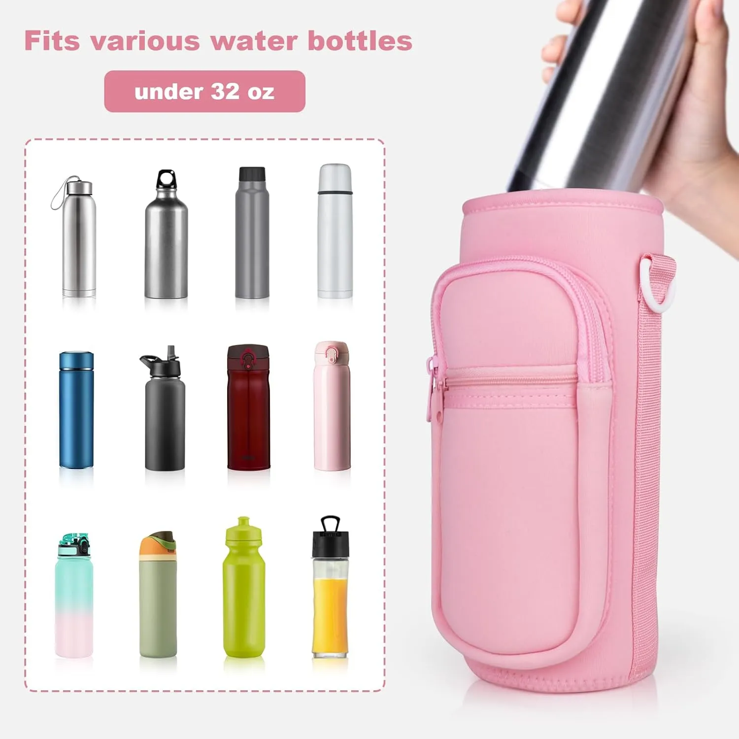 Water Bottle Holder with Strap, Water Bottle Carrier Bag with Phone Pocket, Shoulder Hand Strap Insulated Neoprene 32/40 oz Water Bottle Sleeve for Walking Hiking Camping Gym