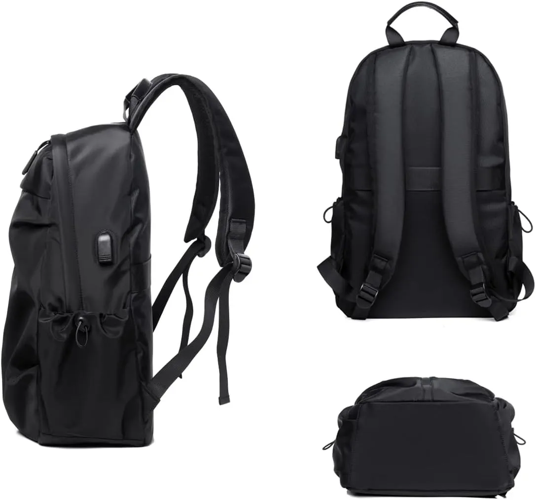 Water Resistant Lightweight Travel Hiking Nylon BackPack Daypack Durable with USB Charging Port (Black)