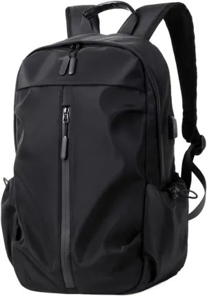 Water Resistant Lightweight Travel Hiking Nylon BackPack Daypack Durable with USB Charging Port (Black)