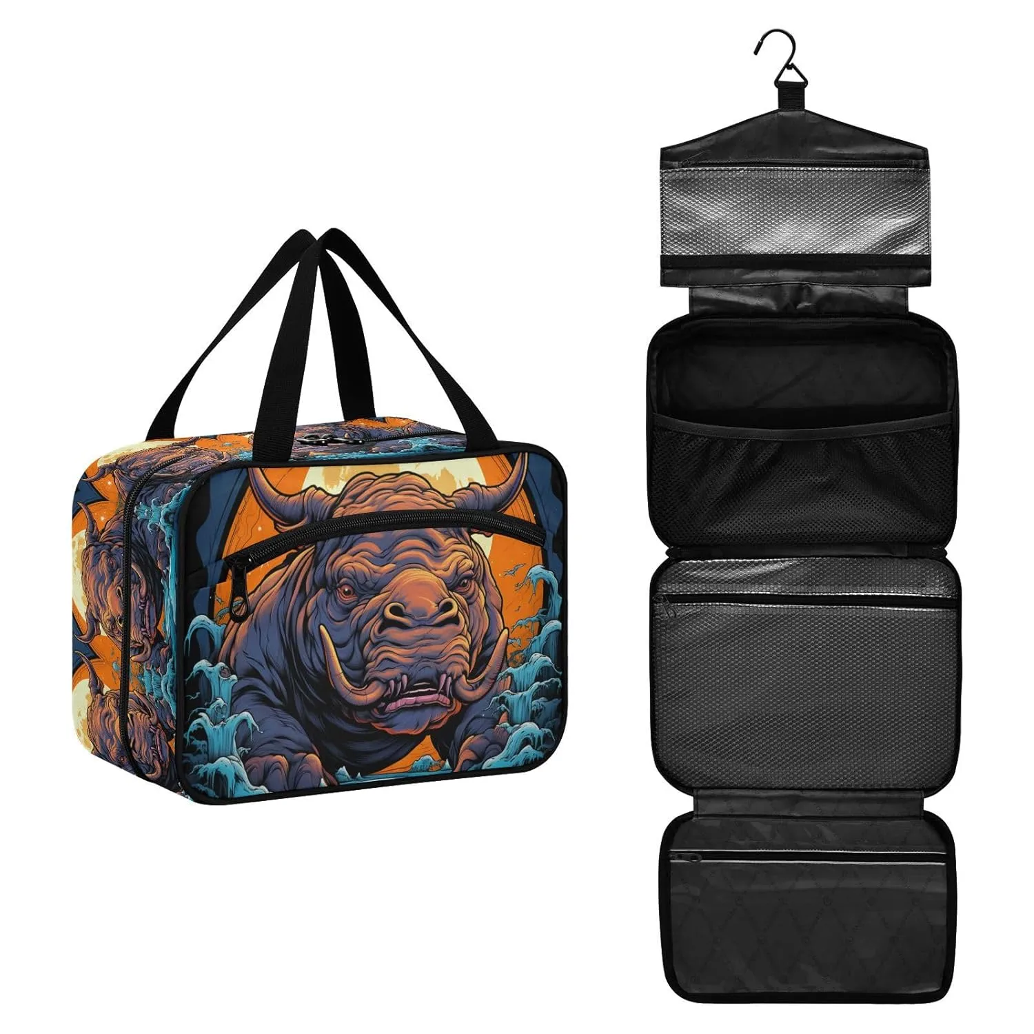 Watercolor Artwork Rhinoceros Hanging Travel Toiletry Cosmetic Makeup Bag Large Capacity Foldable Storage Wash Bags for Women Girls Bathroom