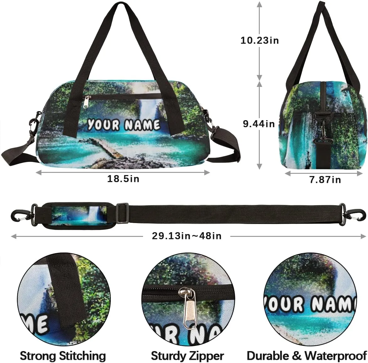 Waterfall in Tropical Jungle Personalized Kids Duffel Bag for Girls Boys, Waterfall Customized Name Overnight Small Duffel Bag Carry On Weekend Travel Bag for School Practice Gymnastics Ballet