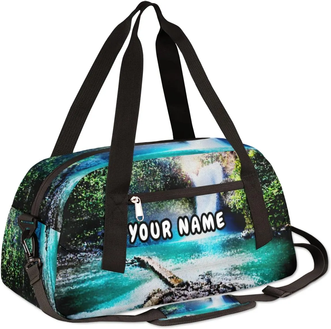 Waterfall in Tropical Jungle Personalized Kids Duffel Bag for Girls Boys, Waterfall Customized Name Overnight Small Duffel Bag Carry On Weekend Travel Bag for School Practice Gymnastics Ballet