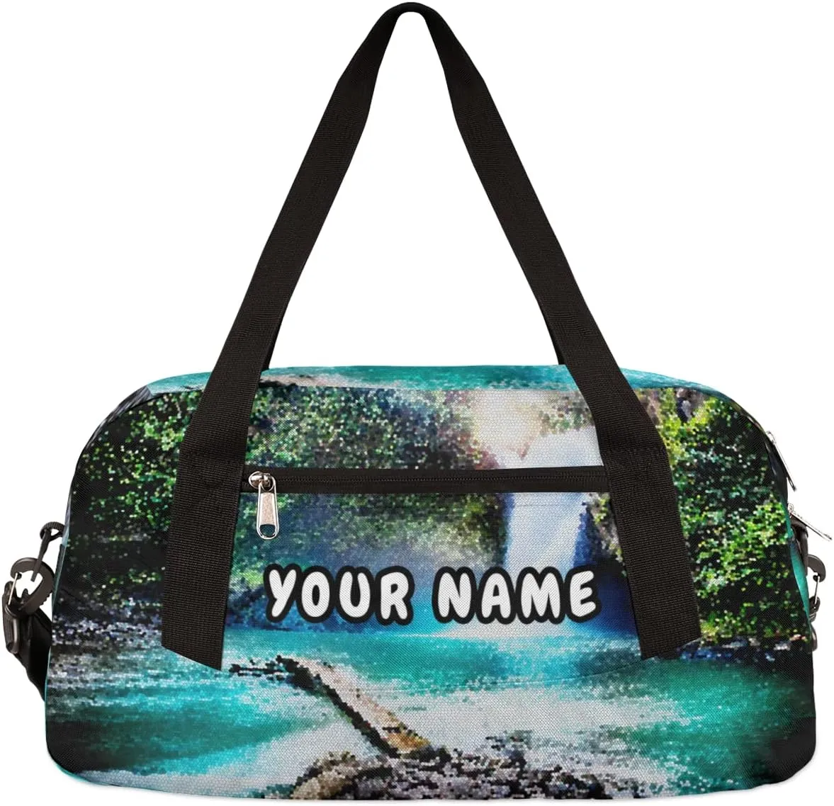 Waterfall in Tropical Jungle Personalized Kids Duffel Bag for Girls Boys, Waterfall Customized Name Overnight Small Duffel Bag Carry On Weekend Travel Bag for School Practice Gymnastics Ballet