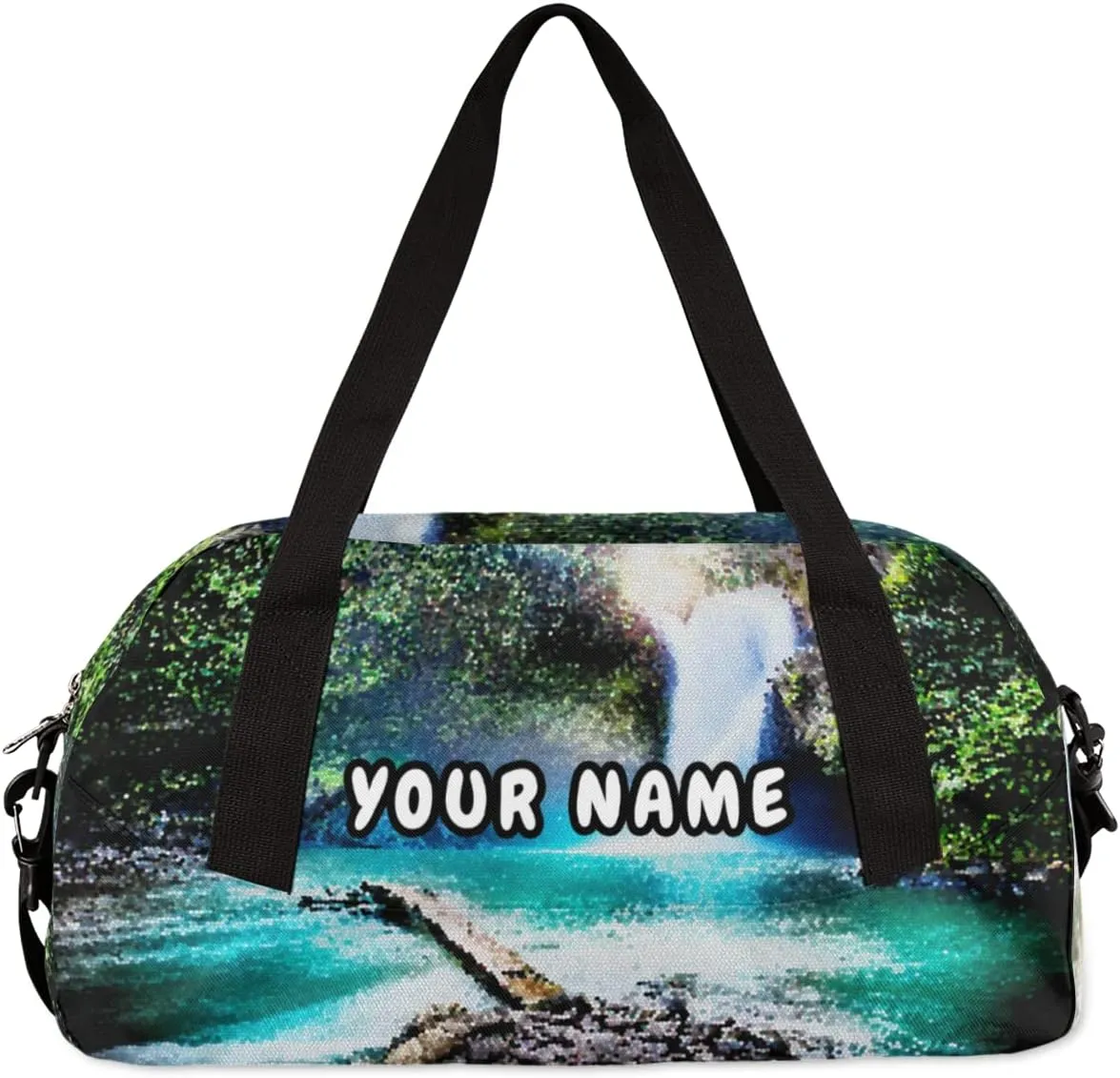 Waterfall in Tropical Jungle Personalized Kids Duffel Bag for Girls Boys, Waterfall Customized Name Overnight Small Duffel Bag Carry On Weekend Travel Bag for School Practice Gymnastics Ballet
