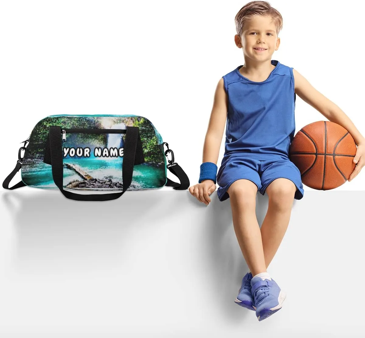 Waterfall in Tropical Jungle Personalized Kids Duffel Bag for Girls Boys, Waterfall Customized Name Overnight Small Duffel Bag Carry On Weekend Travel Bag for School Practice Gymnastics Ballet