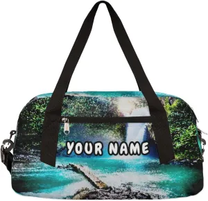 Waterfall in Tropical Jungle Personalized Kids Duffel Bag for Girls Boys, Waterfall Customized Name Overnight Small Duffel Bag Carry On Weekend Travel Bag for School Practice Gymnastics Ballet