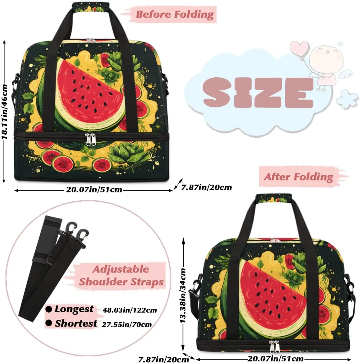 Watermelon Fruits Foldable Travel Duffel Bag Overnight Weekender Bag with Shoes Compartment Sports Gym Bag for Men Women
