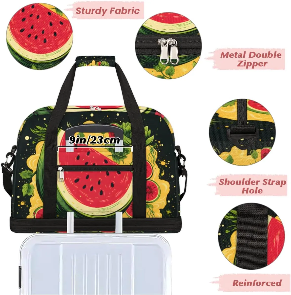 Watermelon Fruits Foldable Travel Duffel Bag Overnight Weekender Bag with Shoes Compartment Sports Gym Bag for Men Women
