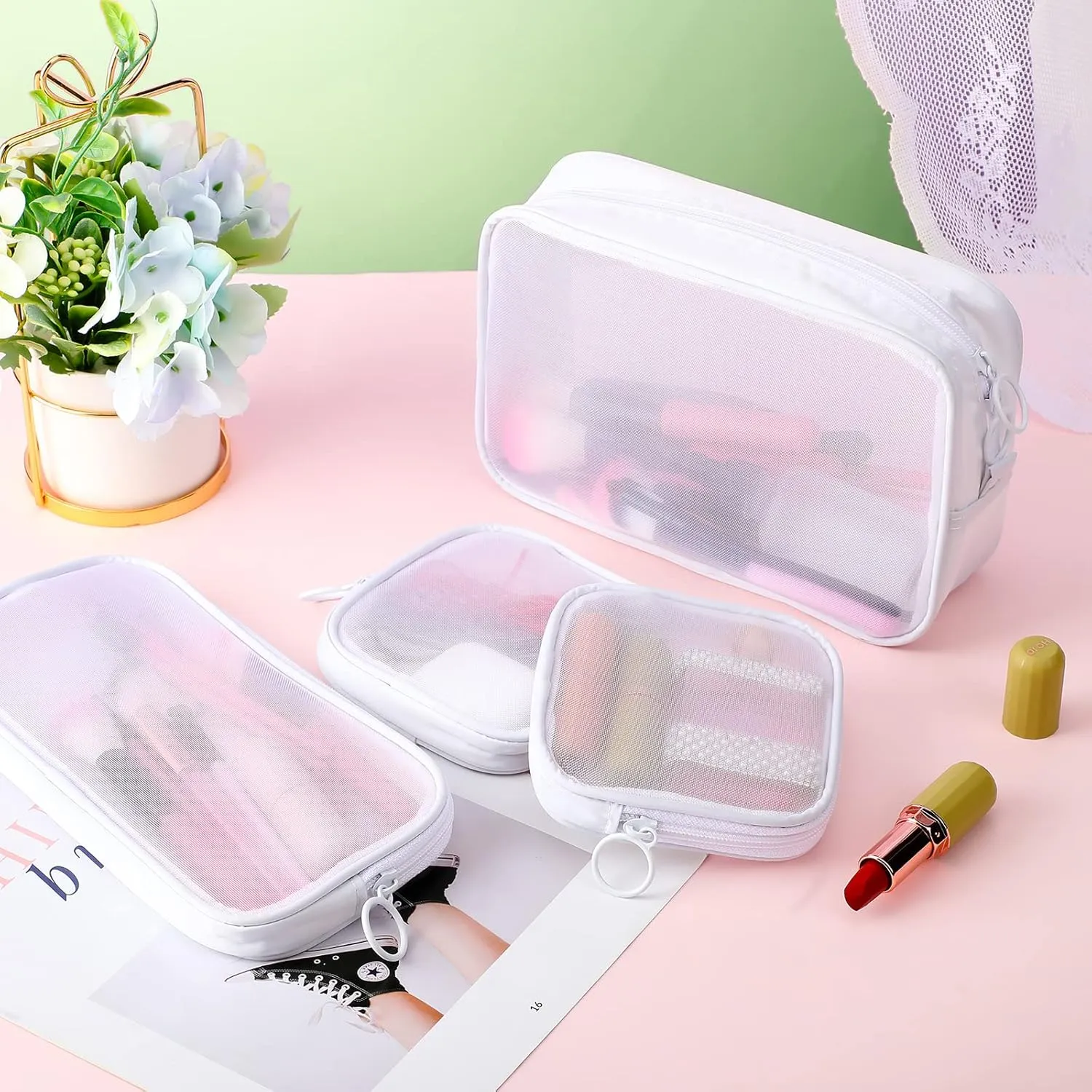 Weewooday 4 Pcs Mesh Makeup Bag Mesh Cosmetic Bag Travel Toiletry Pouch with Zipper Mini Makeup Cosmetic Purse for Daily Accessory(Small, Large, Medium,White)