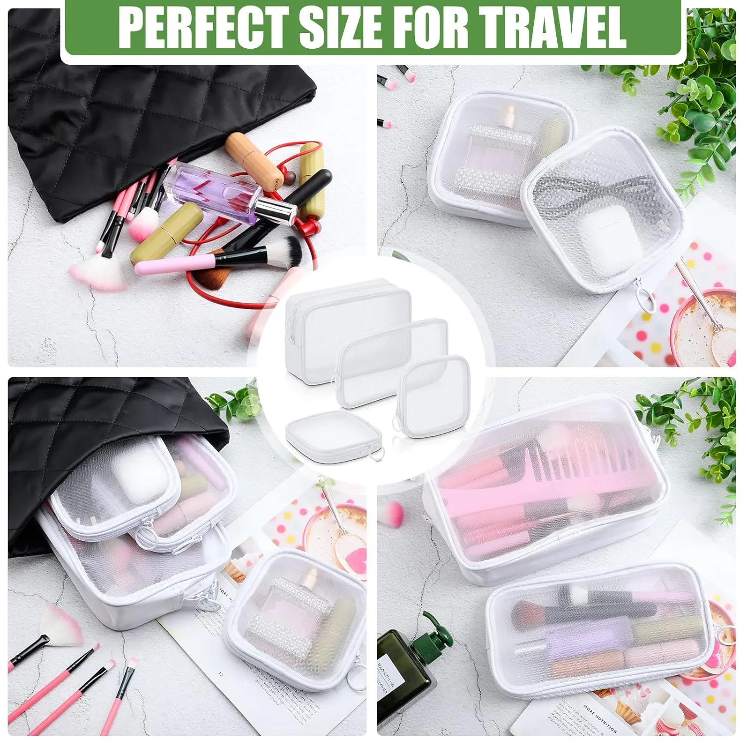 Weewooday 4 Pcs Mesh Makeup Bag Mesh Cosmetic Bag Travel Toiletry Pouch with Zipper Mini Makeup Cosmetic Purse for Daily Accessory(Small, Large, Medium,White)