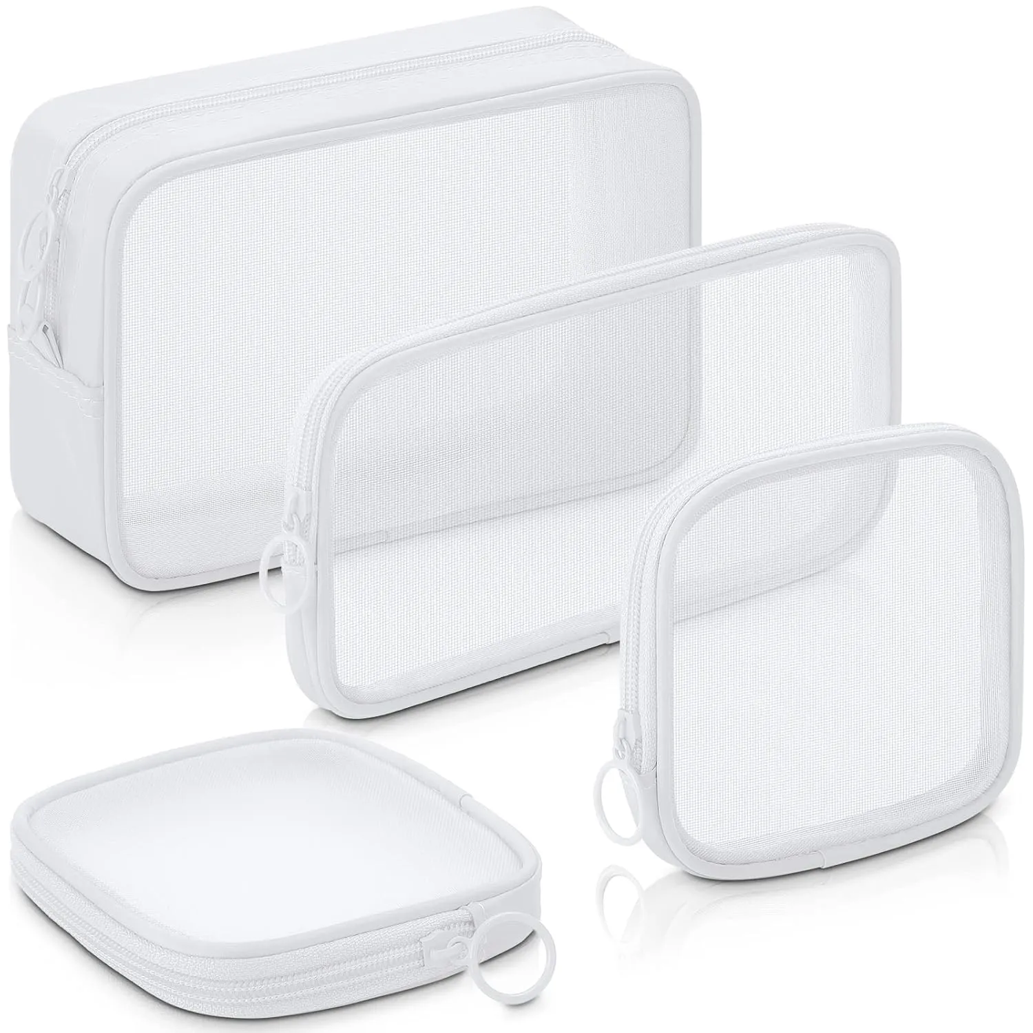 Weewooday 4 Pcs Mesh Makeup Bag Mesh Cosmetic Bag Travel Toiletry Pouch with Zipper Mini Makeup Cosmetic Purse for Daily Accessory(Small, Large, Medium,White)