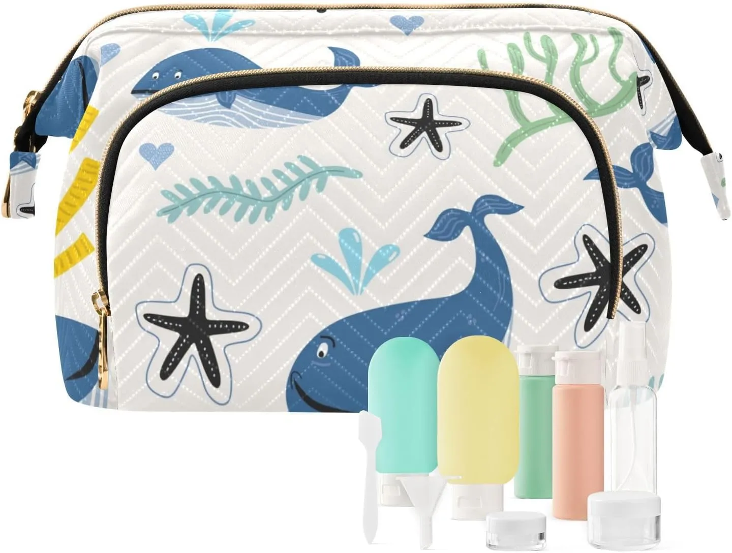 Whales with Seaweed and Coral Reefs Travel Toiletry Bag, Cosmetic Bag Make Up Organizer Case, Large Wide-open Pouch for Women Purse for Toiletries Accessories