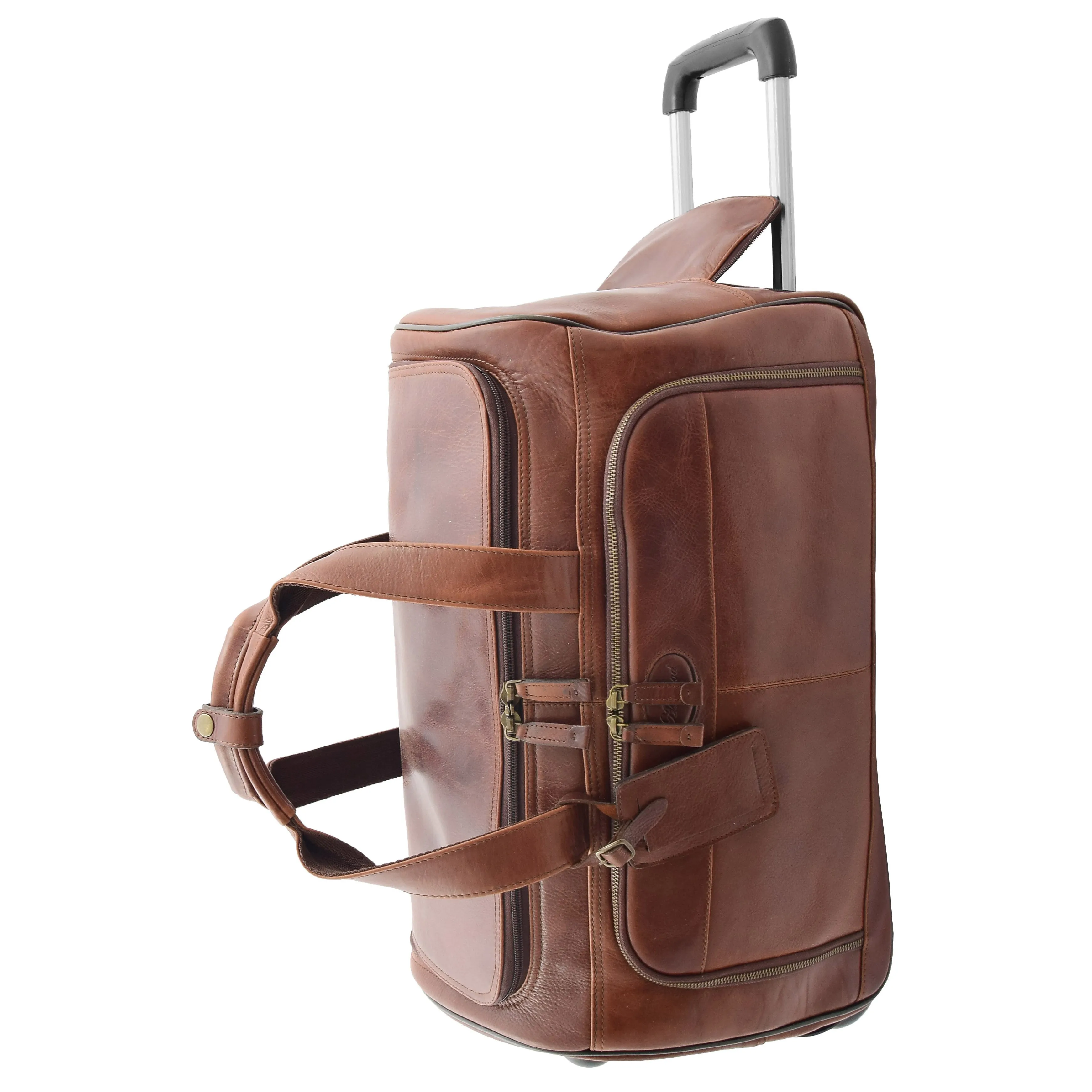 Wheeled Brown Leather Holdall Telescopic Handle Travel Duffle Ozwald