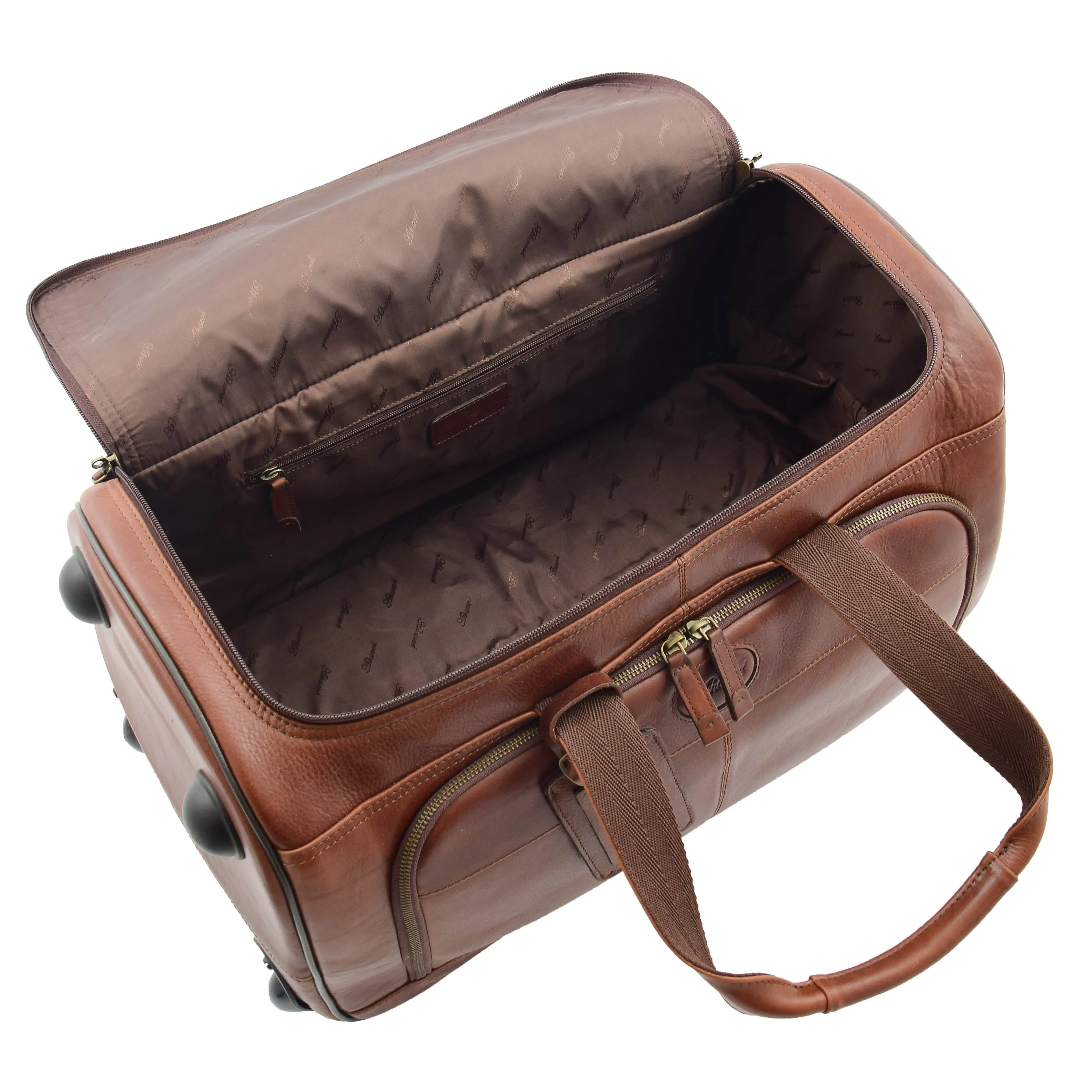 Wheeled Brown Leather Holdall Telescopic Handle Travel Duffle Ozwald
