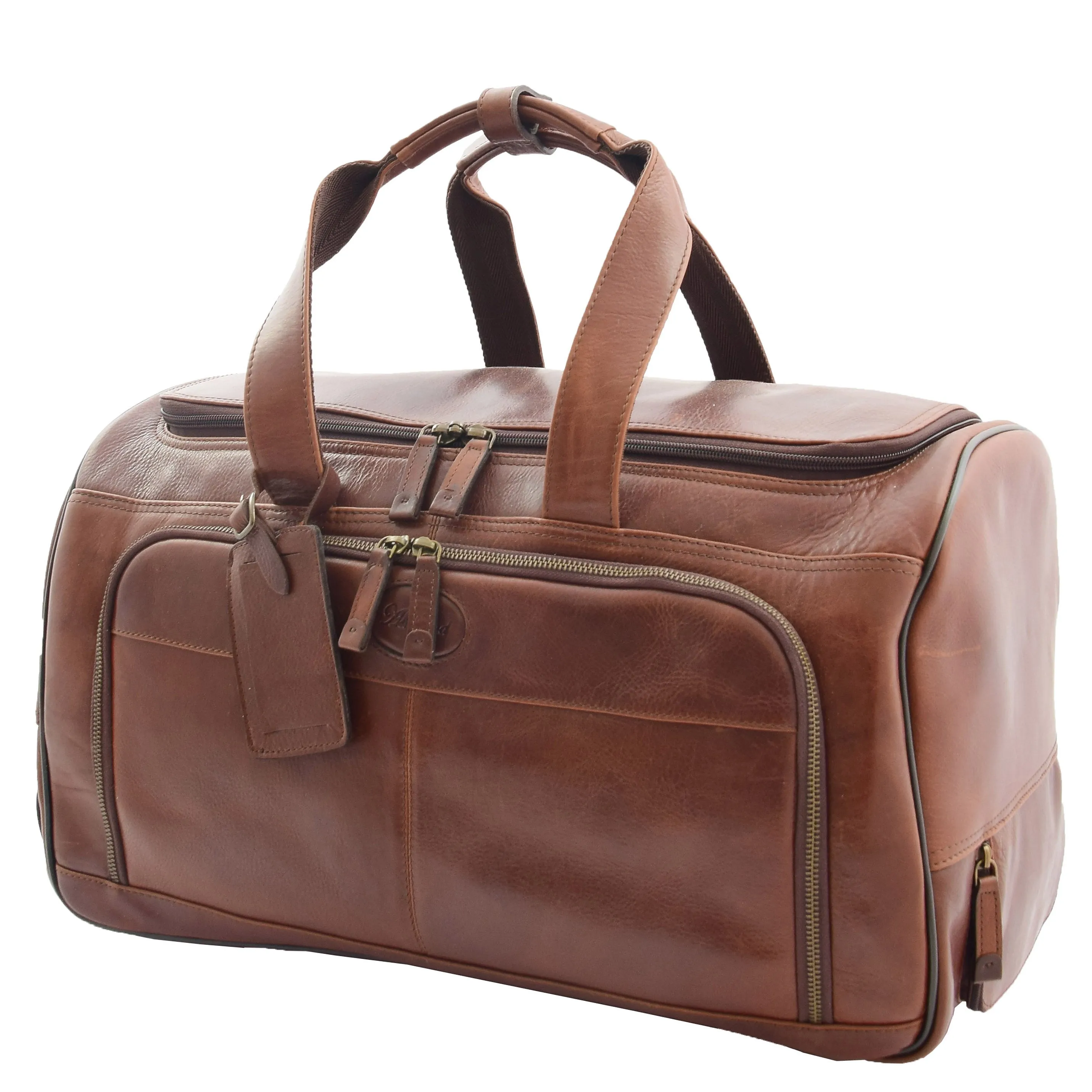 Wheeled Brown Leather Holdall Telescopic Handle Travel Duffle Ozwald