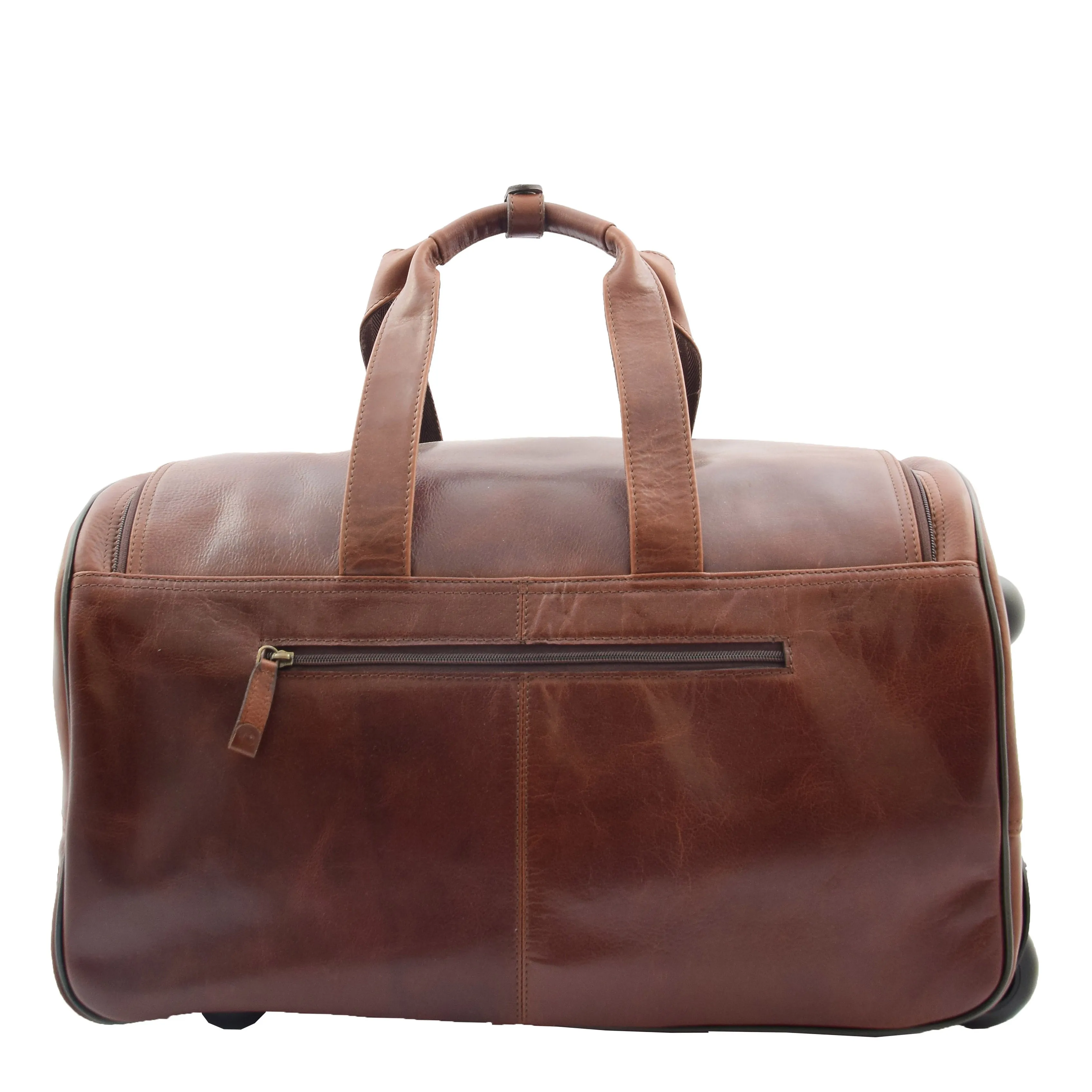 Wheeled Brown Leather Holdall Telescopic Handle Travel Duffle Ozwald