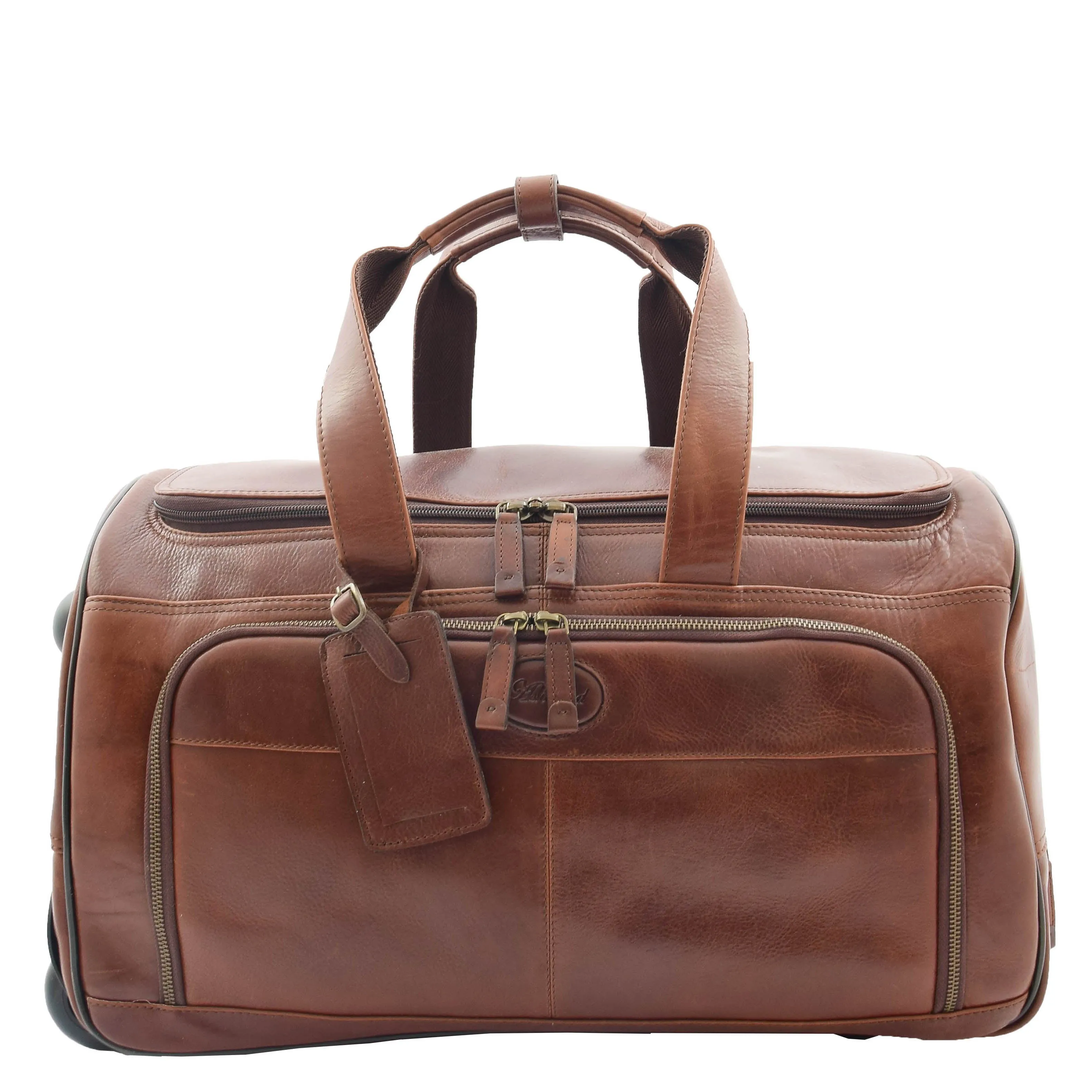 Wheeled Brown Leather Holdall Telescopic Handle Travel Duffle Ozwald