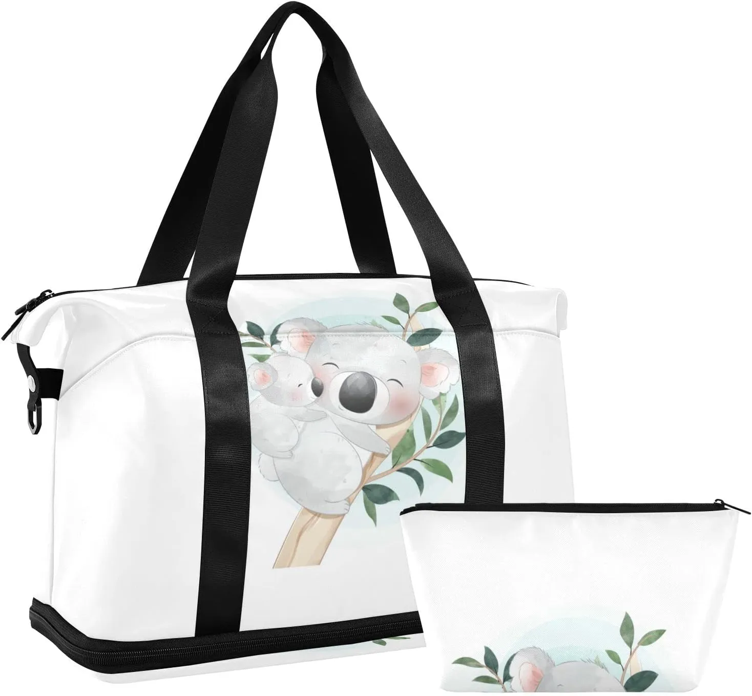 White Cartoon Koala Bear Clime Tree Trunk with Green Leaves Gym Duffel Bag, Polyester Travel Weekender Luggage Handbag with Waterproof Pocket for Wet Items, Unisex Foldable Tote for Sports