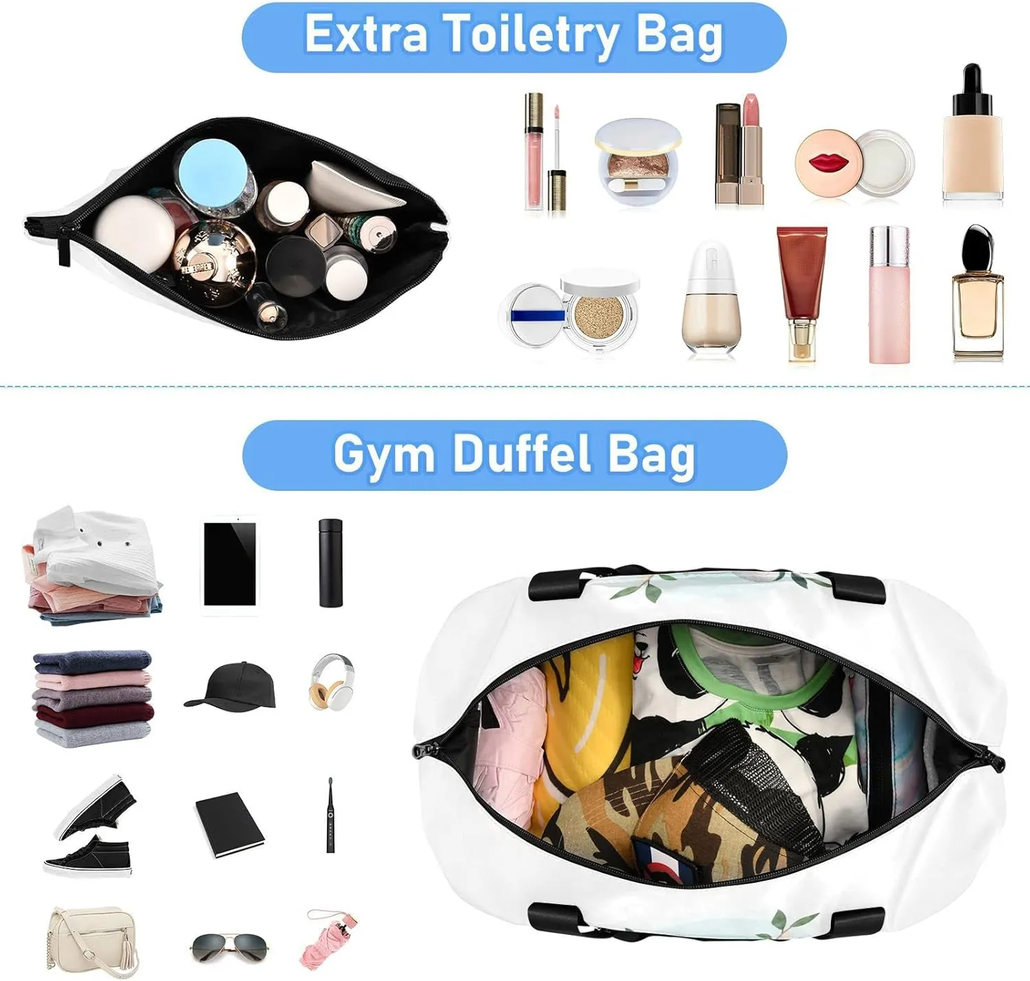 White Cartoon Koala Bear Clime Tree Trunk with Green Leaves Gym Duffel Bag, Polyester Travel Weekender Luggage Handbag with Waterproof Pocket for Wet Items, Unisex Foldable Tote for Sports