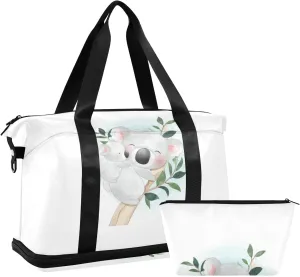 White Cartoon Koala Bear Clime Tree Trunk with Green Leaves Gym Duffel Bag, Polyester Travel Weekender Luggage Handbag with Waterproof Pocket for Wet Items, Unisex Foldable Tote for Sports