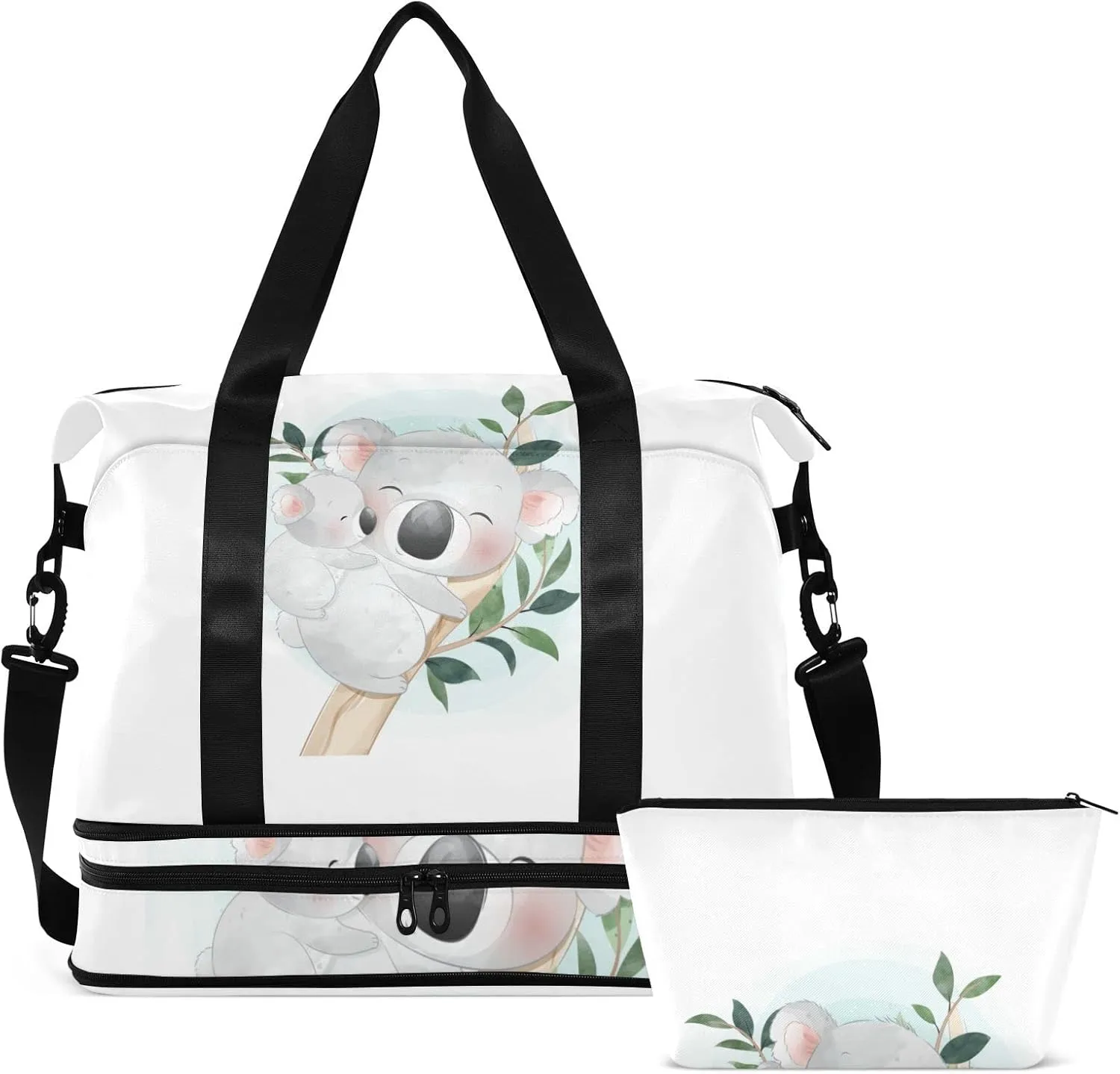 White Cartoon Koala Bear Clime Tree Trunk with Green Leaves Gym Duffel Bag, Polyester Travel Weekender Luggage Handbag with Waterproof Pocket for Wet Items, Unisex Foldable Tote for Sports