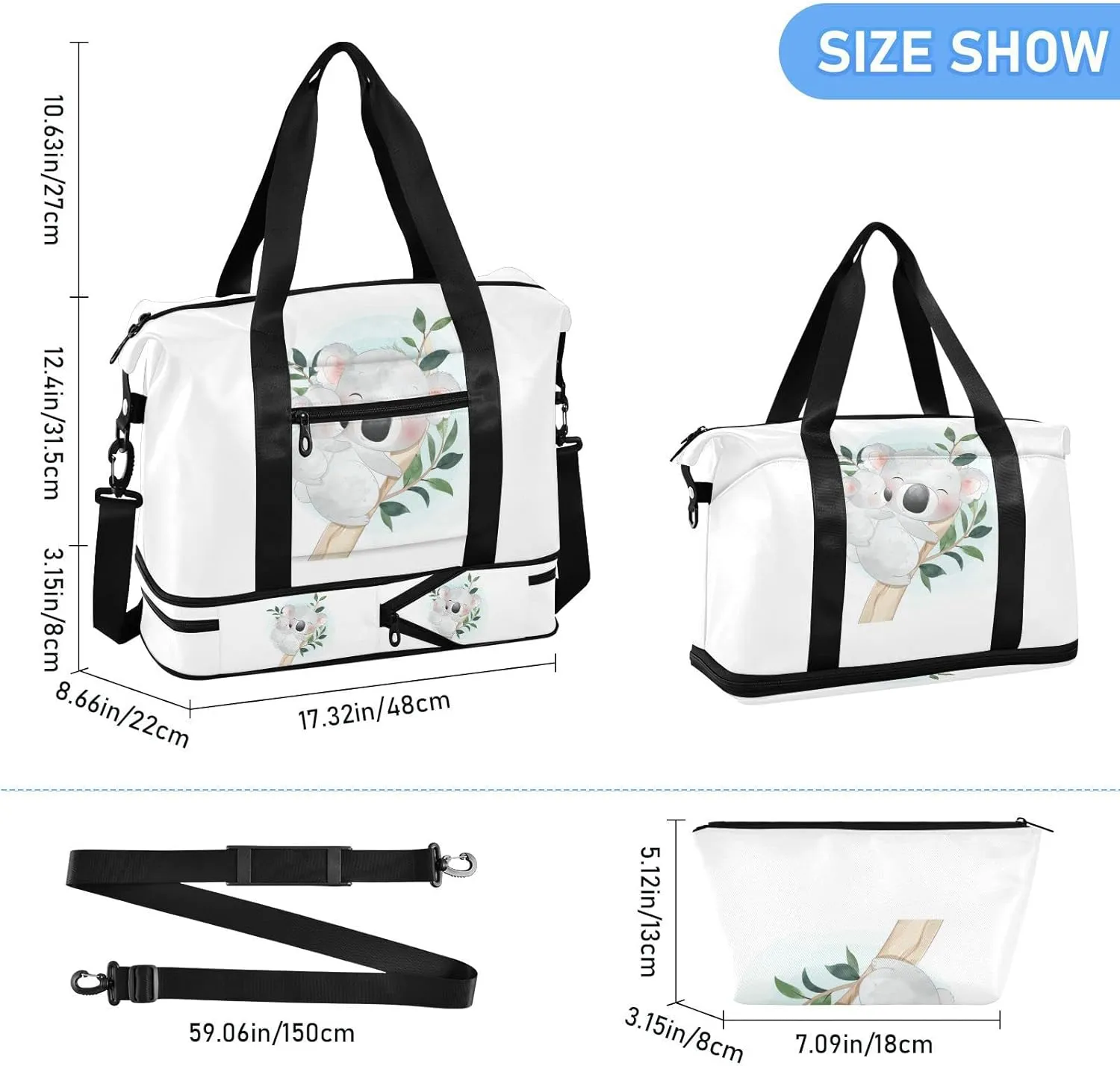 White Cartoon Koala Bear Clime Tree Trunk with Green Leaves Gym Duffel Bag, Polyester Travel Weekender Luggage Handbag with Waterproof Pocket for Wet Items, Unisex Foldable Tote for Sports