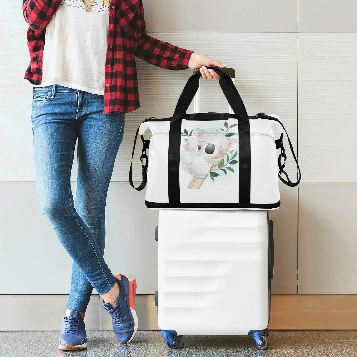 White Cartoon Koala Bear Clime Tree Trunk with Green Leaves Gym Duffel Bag, Polyester Travel Weekender Luggage Handbag with Waterproof Pocket for Wet Items, Unisex Foldable Tote for Sports
