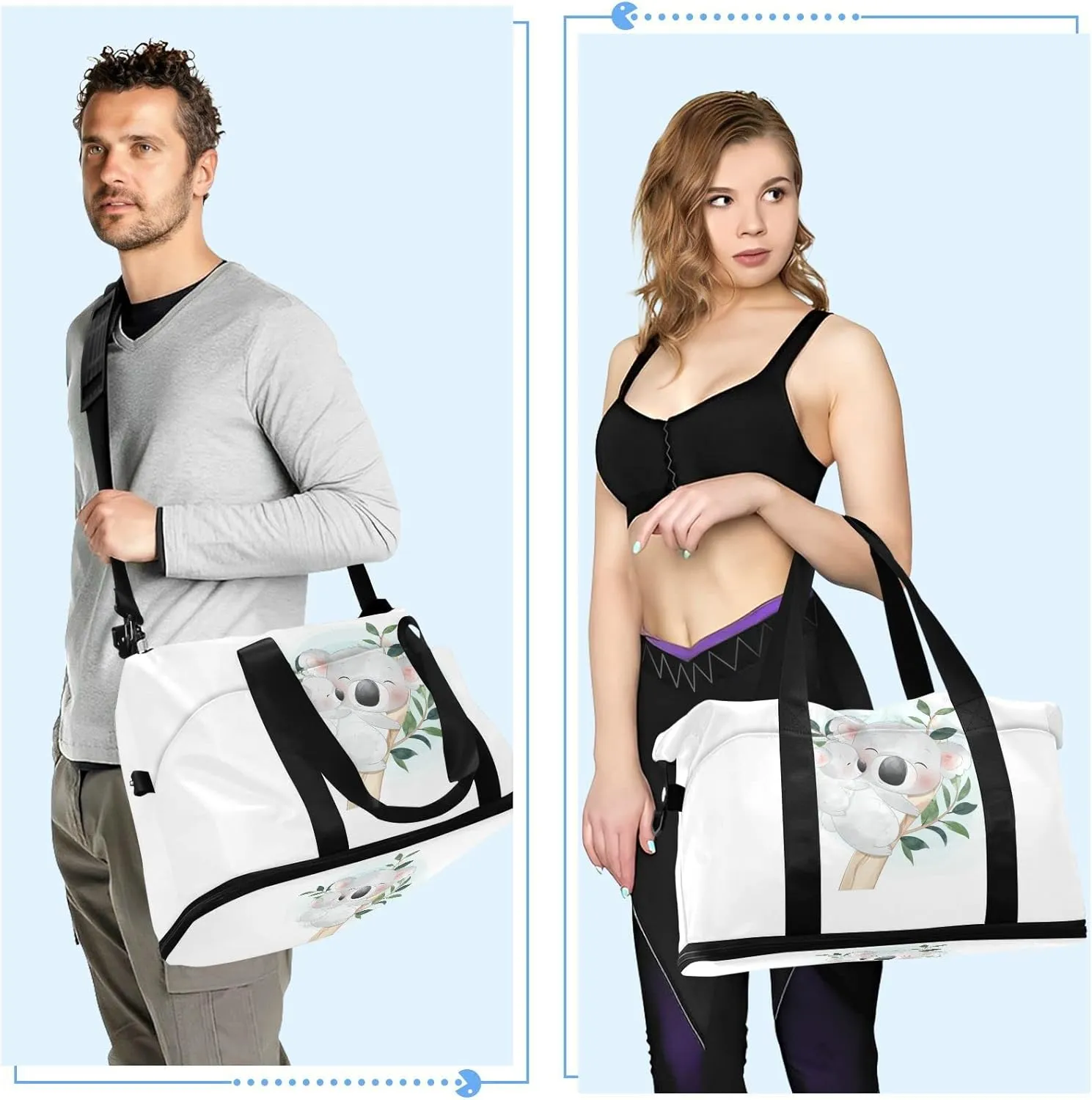 White Cartoon Koala Bear Clime Tree Trunk with Green Leaves Gym Duffel Bag, Polyester Travel Weekender Luggage Handbag with Waterproof Pocket for Wet Items, Unisex Foldable Tote for Sports
