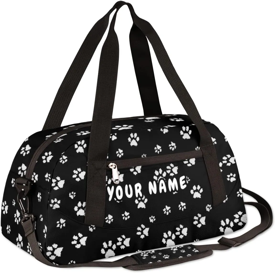 White Dog Puppy Paw Personalized Kids Duffel Bag for Girls Boys, Paw Customized Name Dance Bag Overnight Small Duffel Bag Carry On Weekend Sports Gym Travel Bag for School Practice Gymnastics Ballet