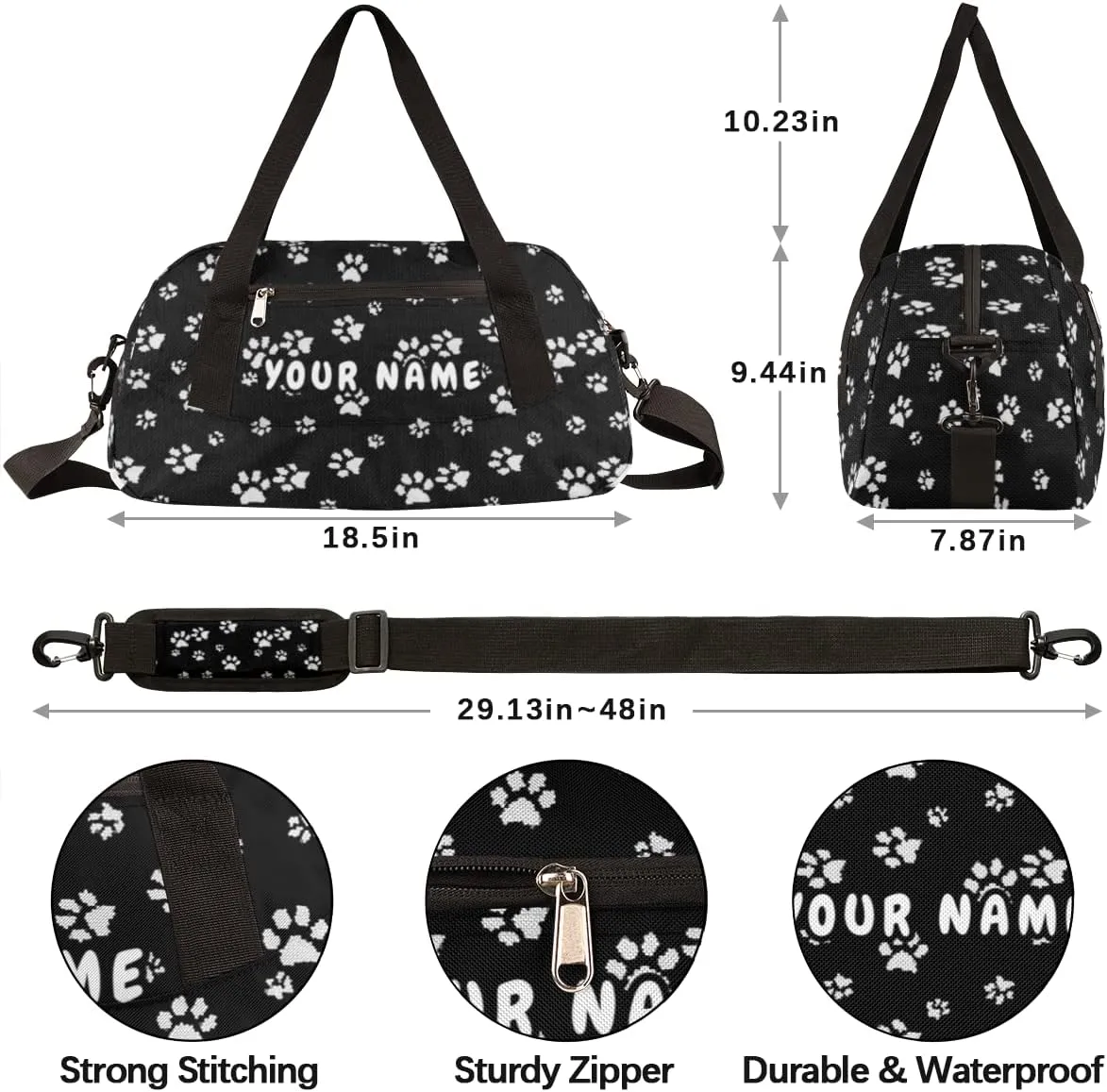 White Dog Puppy Paw Personalized Kids Duffel Bag for Girls Boys, Paw Customized Name Dance Bag Overnight Small Duffel Bag Carry On Weekend Sports Gym Travel Bag for School Practice Gymnastics Ballet