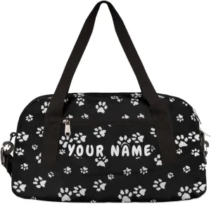 White Dog Puppy Paw Personalized Kids Duffel Bag for Girls Boys, Paw Customized Name Dance Bag Overnight Small Duffel Bag Carry On Weekend Sports Gym Travel Bag for School Practice Gymnastics Ballet