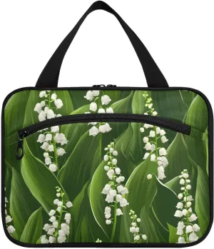 White Lily Of Valley Flowers Green Leaves hanging makeup travel case with hook, designer collapsible brush bag for travel make up backpacking estuche para maquillaje L